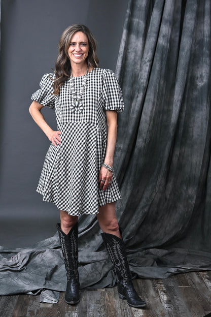 Puff Sleeve Checkerboard Dress