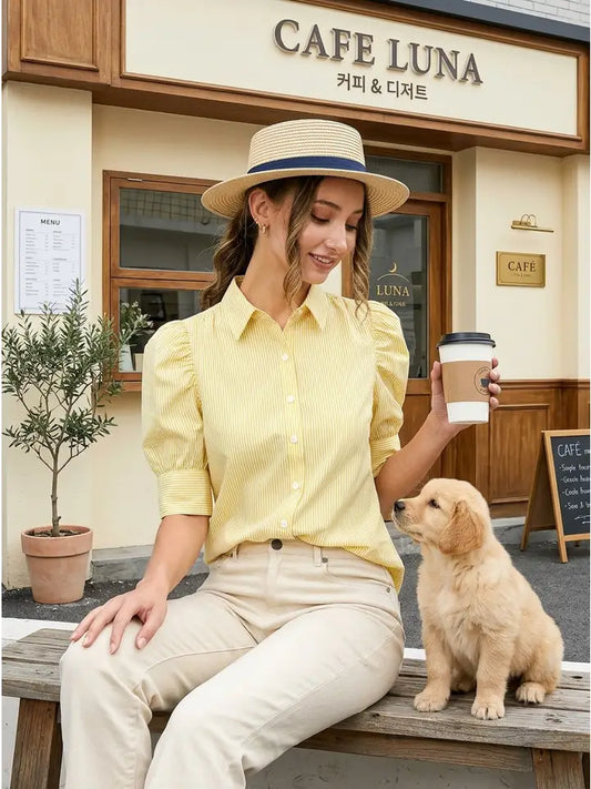 Vine & Love Collared Neck Short Puff Sleeve Striped Blouse – Yellow Women's Boutique Top