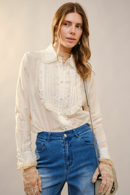 Ruffle Pleated Pearl Button Blouse
