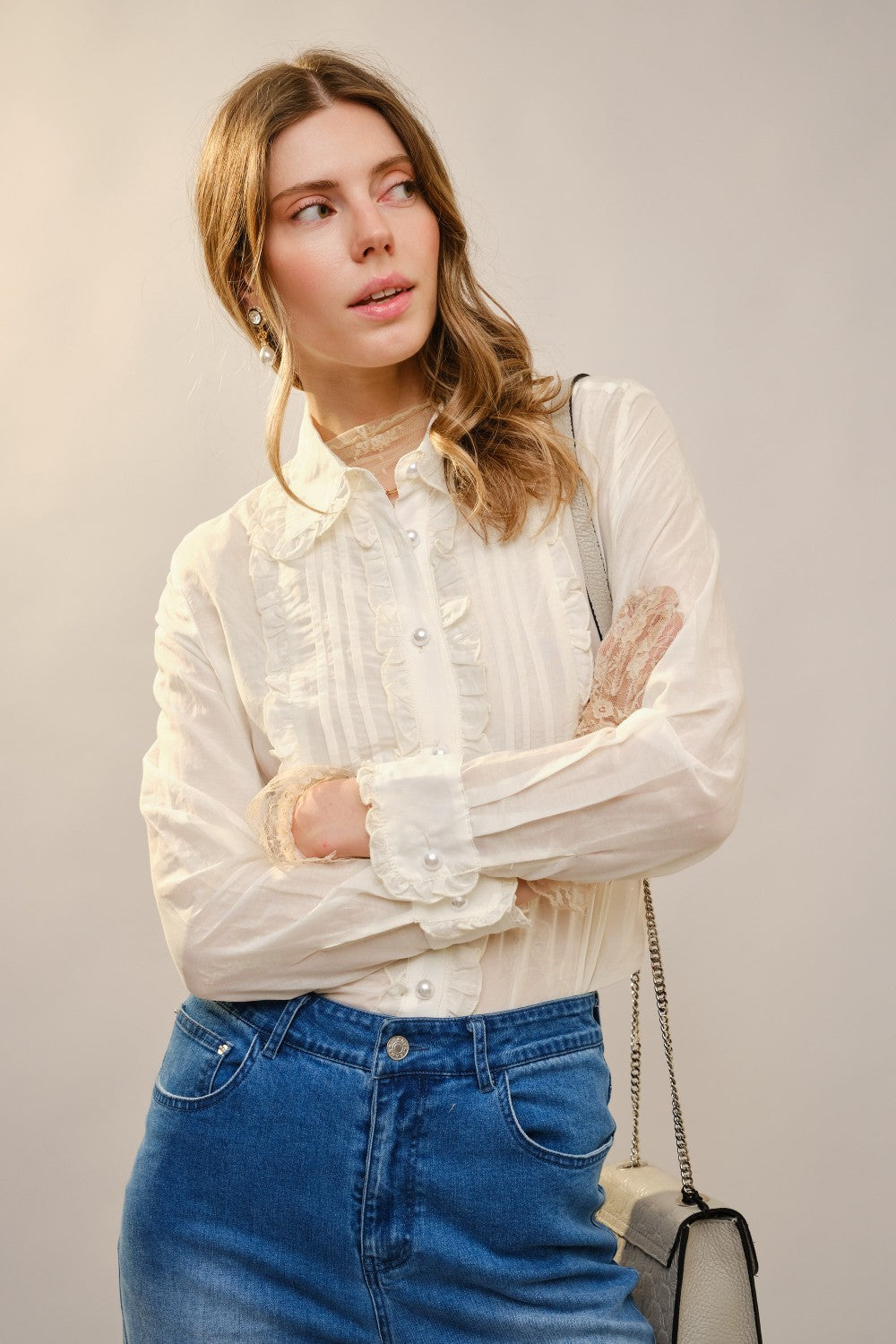 Ruffle Pleated Pearl Button Blouse