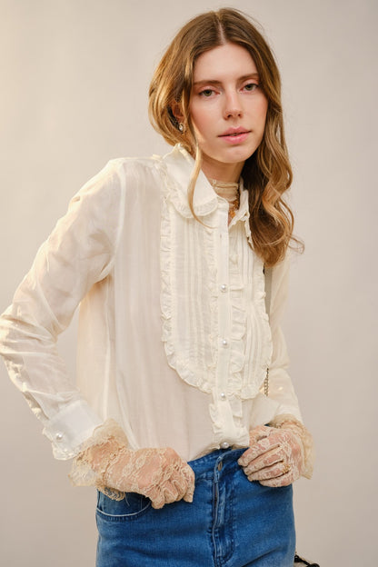 Ruffle Pleated Pearl Button Blouse