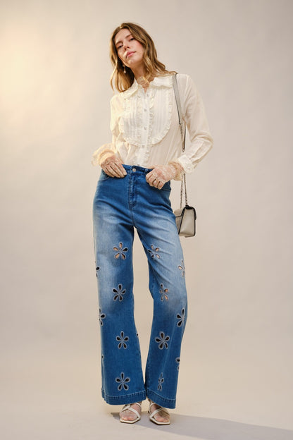 Ruffle Pleated Pearl Button Blouse