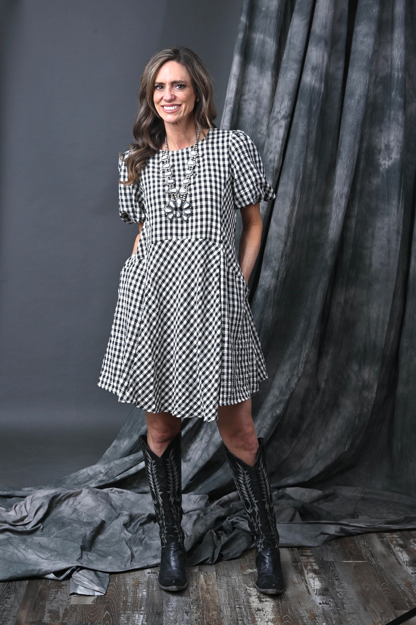 Puff Sleeve Checkerboard Dress