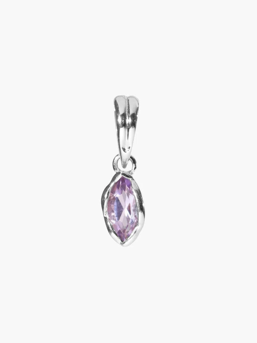 A silver pendant featuring a marquise-cut light purple gemstone in a prong setting, suspended from a polished silver bail, shown against a plain light gray background.