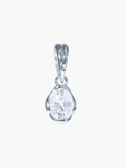 Silver pendant with a clear gemstone on a white background