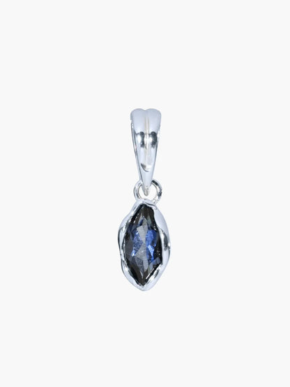A silver pendant featuring a marquise-cut dark blue gemstone in a textured bezel setting, shown against a plain light gray background.