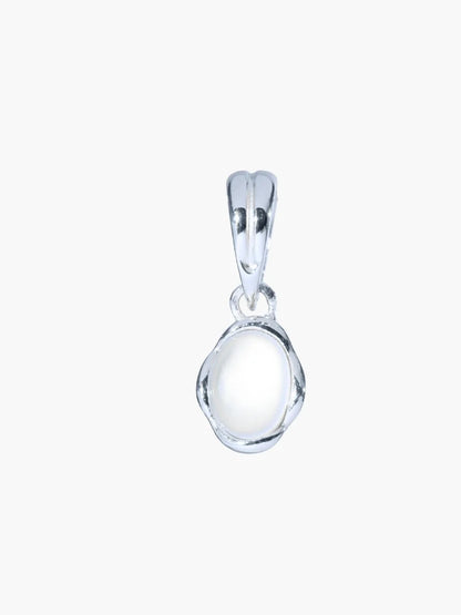 Silver pendant with a clear stone on a white background
