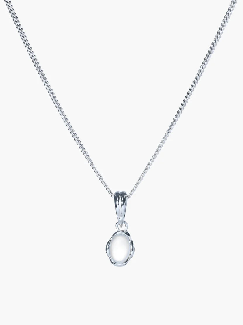 A silver chain necklace with a small, irregularly shaped silver pendant, displayed against a clean white background.