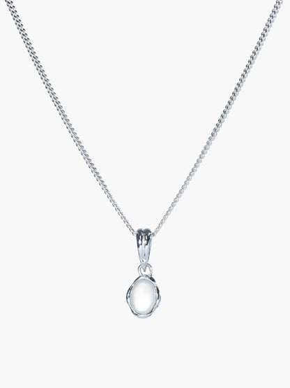 A silver chain necklace with a small, irregularly shaped silver pendant, displayed against a clean white background.