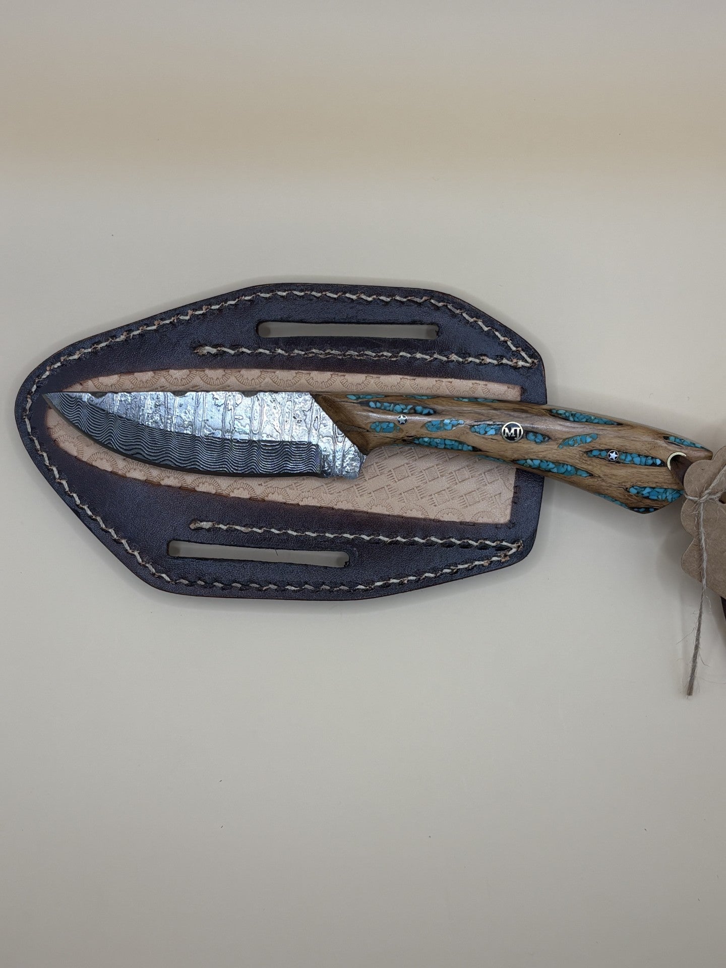 Exotic Texas Knives Damascus Cholla Cactus & Turquoise Handle Knife – Handmade Fixed Blade