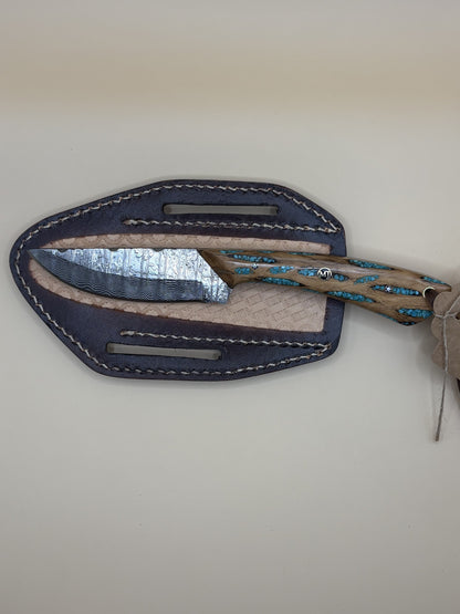 Exotic Texas Knives Damascus Cholla Cactus & Turquoise Handle Knife – Handmade Fixed Blade