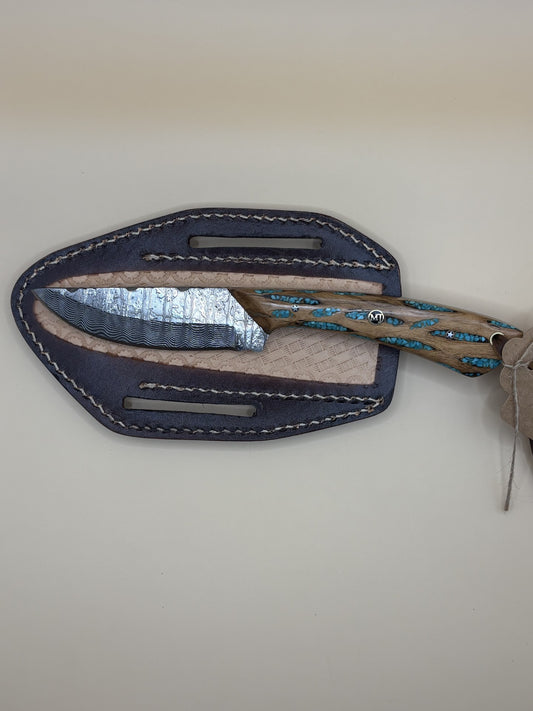 Exotic Texas Knives Damascus Cholla Cactus & Turquoise Handle Knife – Handmade Fixed Blade
