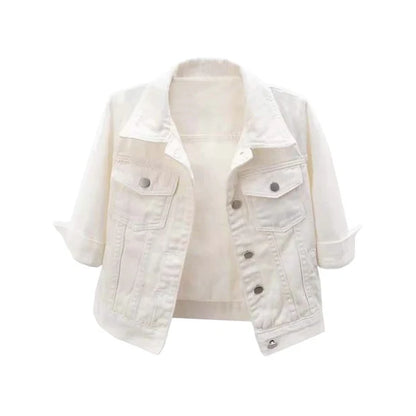 ShieldChic Women's White Trucker Denim Jacket – Cropped 3/4 Sleeve Boutique Jacket