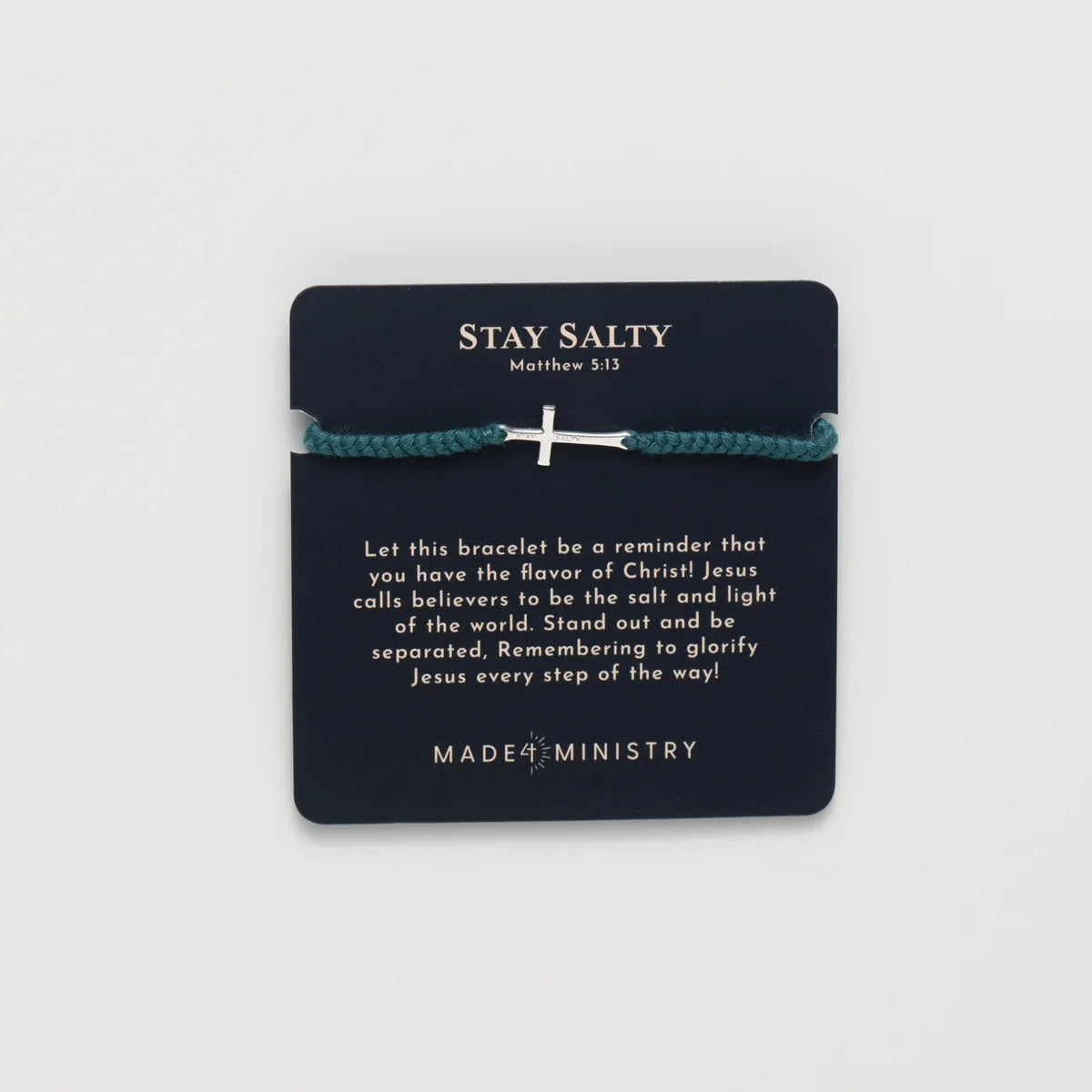 Bracelet on a card with 'Stay Salty' text and branding