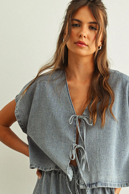Denim Tie-Front Blouse