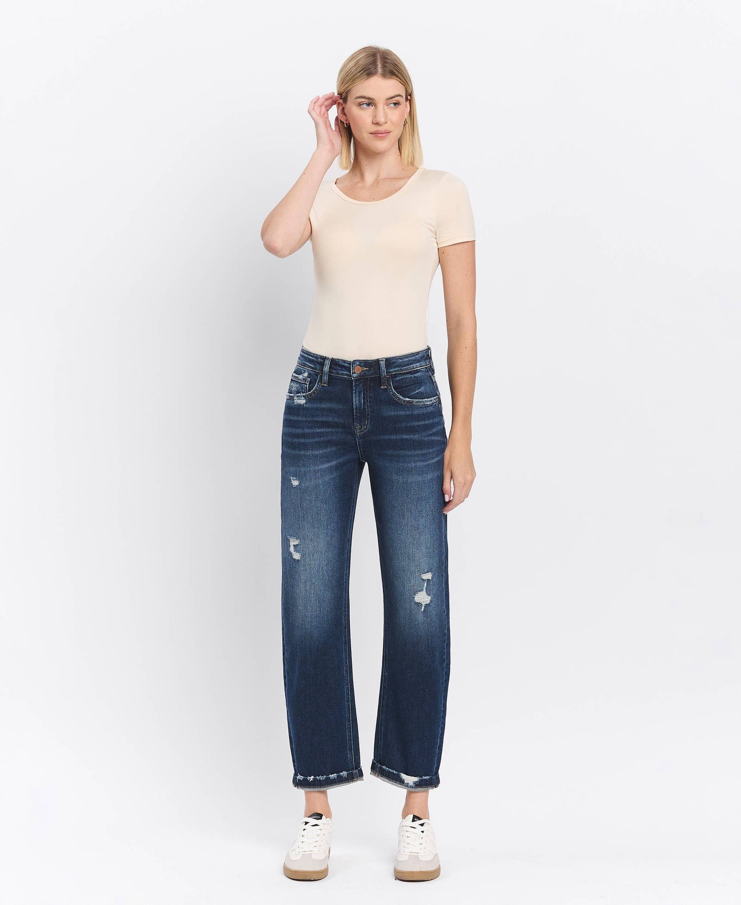 FM - HIGH RISE CUFFED BARREL JEANS F5787: GLAUCOUS