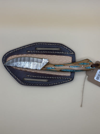 Exotic Texas Knives Damascus Cholla Cactus & Turquoise Handle Knife – Handmade Fixed Blade