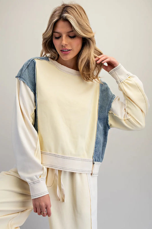 ee Color Block Denim Drawstring Pants & Frayed Long Sleeve Pullover Set