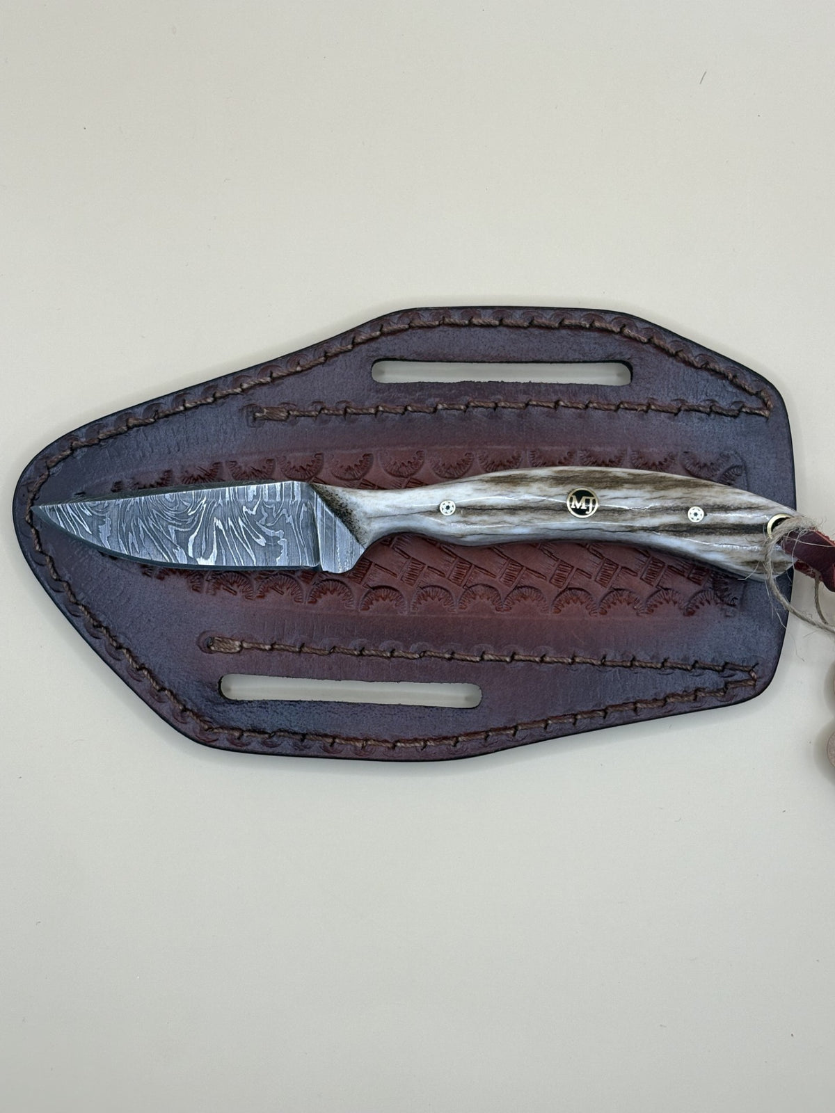 STS Ranch x Exotic Texas Knives Branding Pen 1095 Damascus Knife with Elk Handle