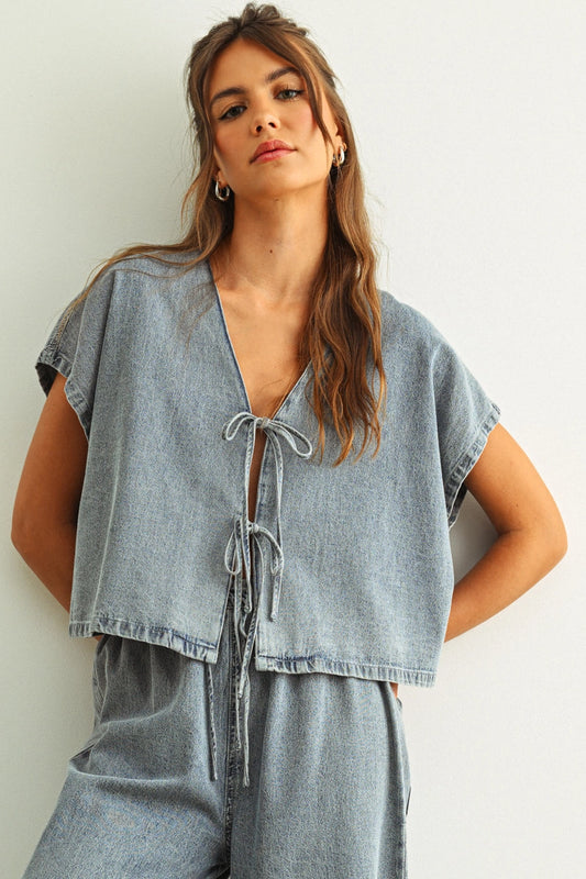 Miou Muse Denim Tie Front Blouse – Women's Boutique Denim Top
