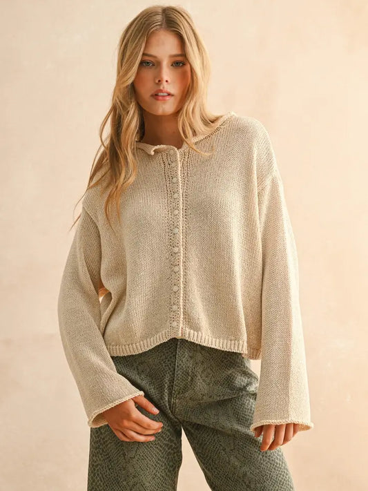 Miou Muse Lightweight Button Front Cardigan – Off-White Women's Layering Sweater