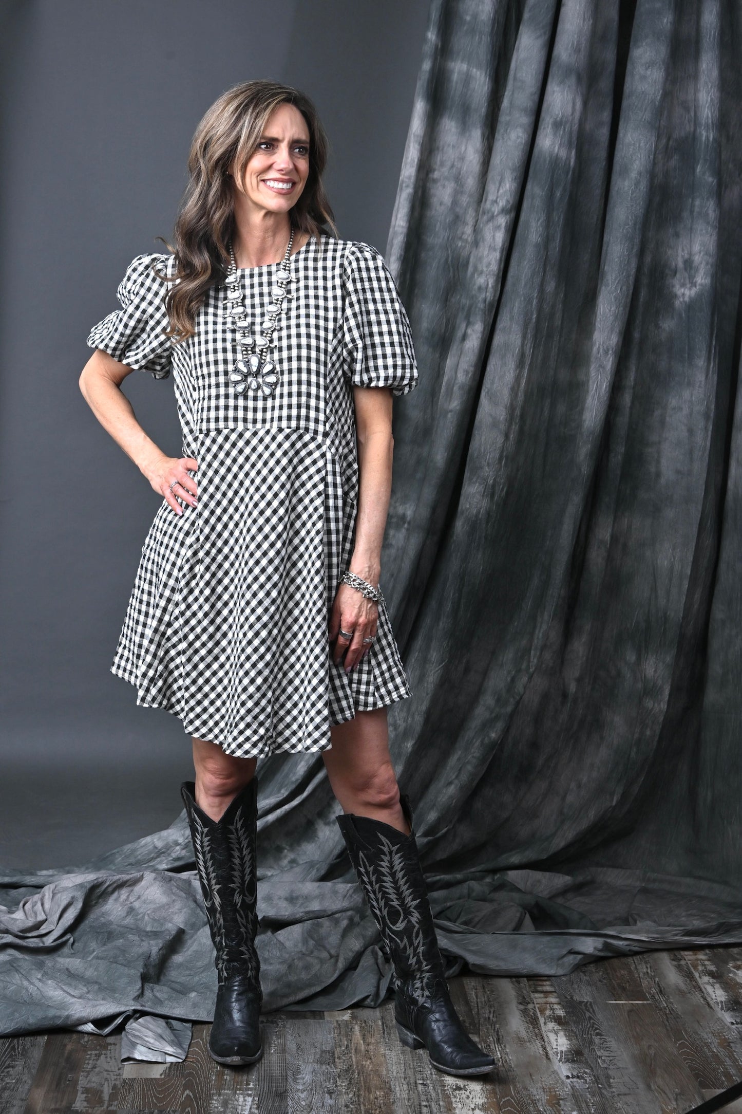 Puff Sleeve Checkerboard Dress