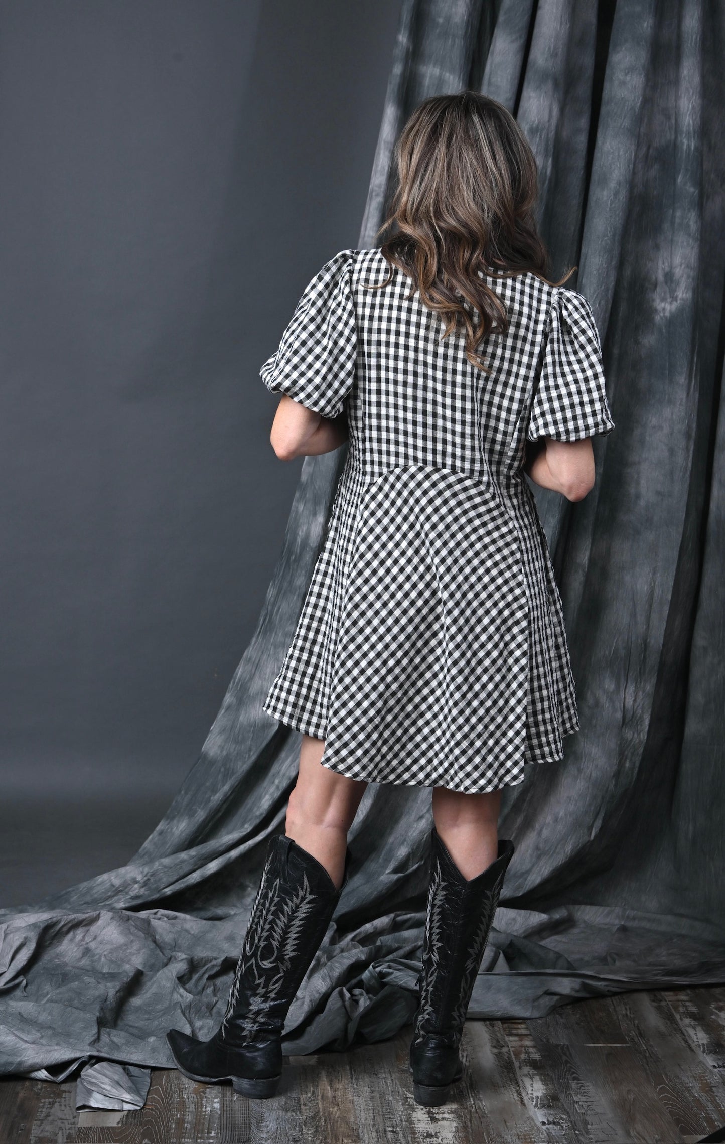 Puff Sleeve Checkerboard Dress