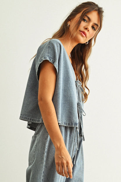 Denim Tie-Front Blouse
