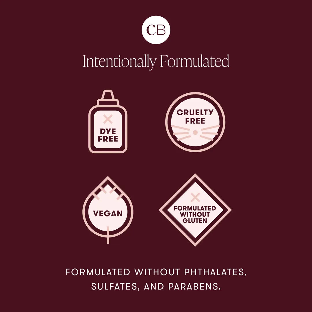 A dark burgundy promotional graphic for a cosmetic product featuring the CB logo at the top, the phrase 'Intentionally Formulated,' and four pale pink icons reading 'DYE FREE,' 'CRUELTY FREE,' 'VEGAN,' and 'FORMULATED WITHOUT GLUTEN,' plus additional text about phthalates, sulfates, and parabens.