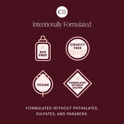 A dark burgundy promotional graphic for a cosmetic product featuring the CB logo at the top, the phrase 'Intentionally Formulated,' and four pale pink icons reading 'DYE FREE,' 'CRUELTY FREE,' 'VEGAN,' and 'FORMULATED WITHOUT GLUTEN,' plus additional text about phthalates, sulfates, and parabens.
