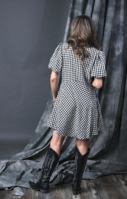 Puff Sleeve Checkerboard Dress