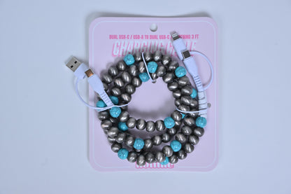 Hotline Beaded Phone Charger Turquoise & Silver