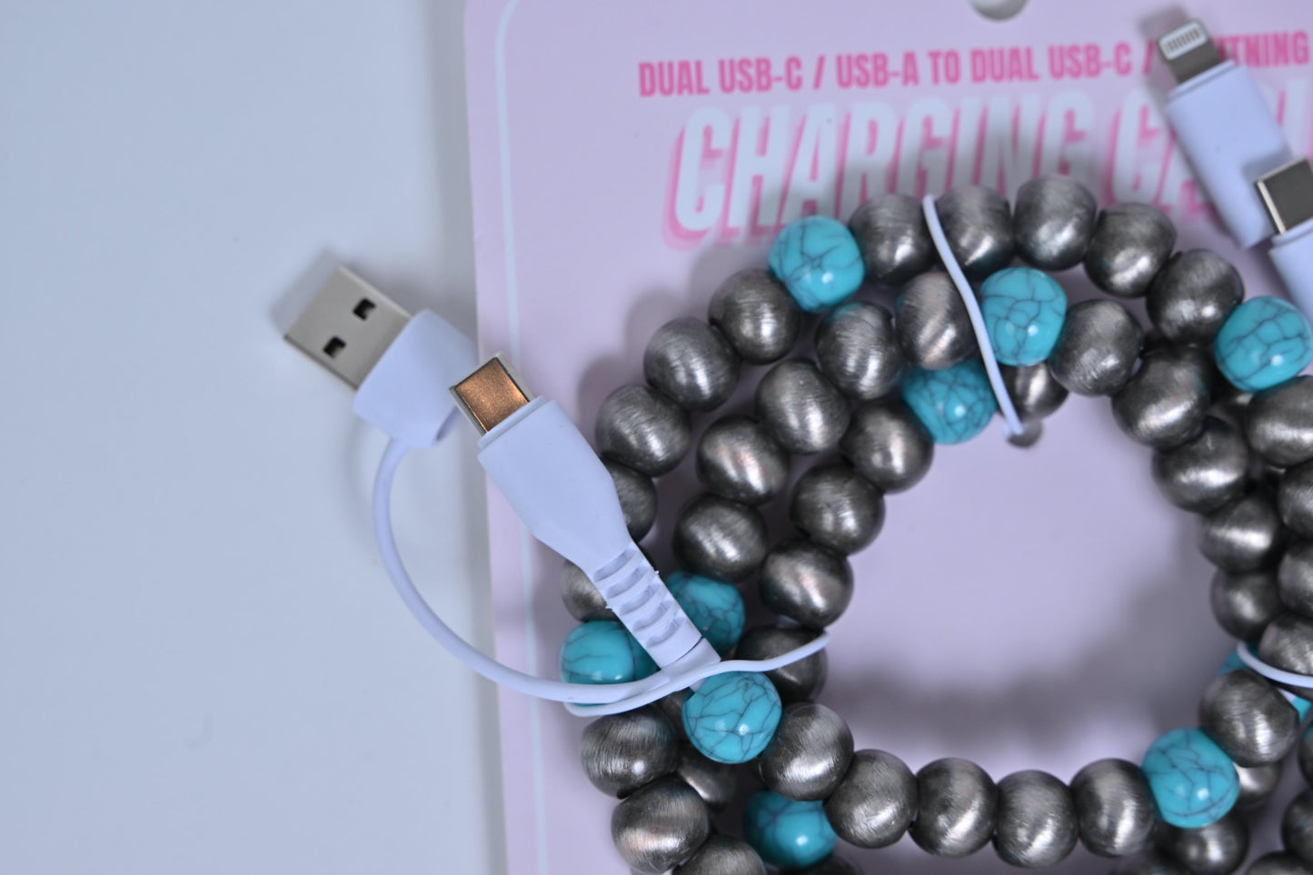 Hotline Beaded Phone Charger Turquoise & Silver