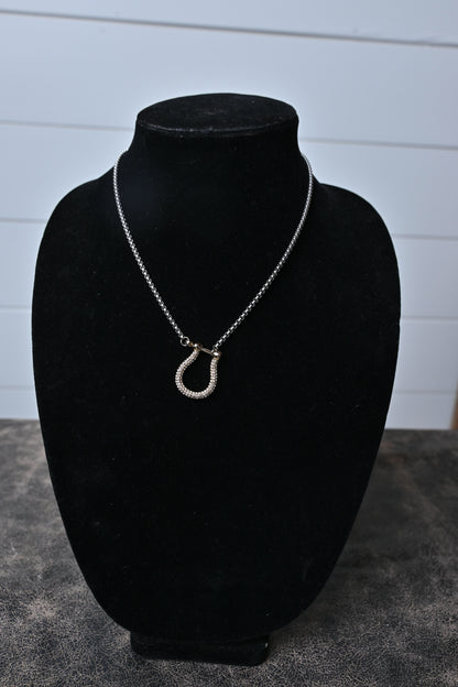Silver & Gold Pave Stone Stirrup Necklace