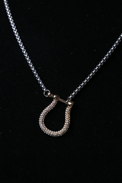 Silver & Gold Pave Stone Stirrup Necklace