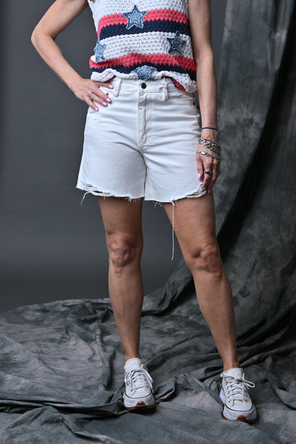 Jennifer Smith of STS Ranch wearing Judy Blue high waisted white dad shorts with distressed hem