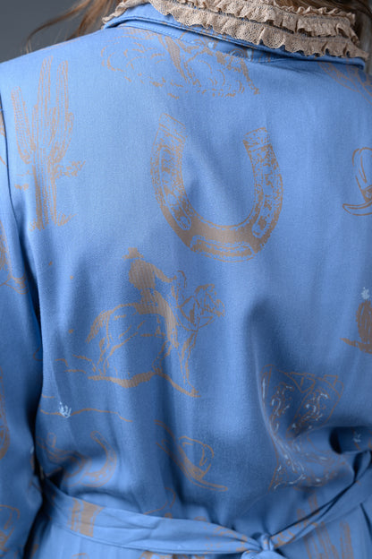 Western Graphic Ruffle Tie Waist Mini Dress