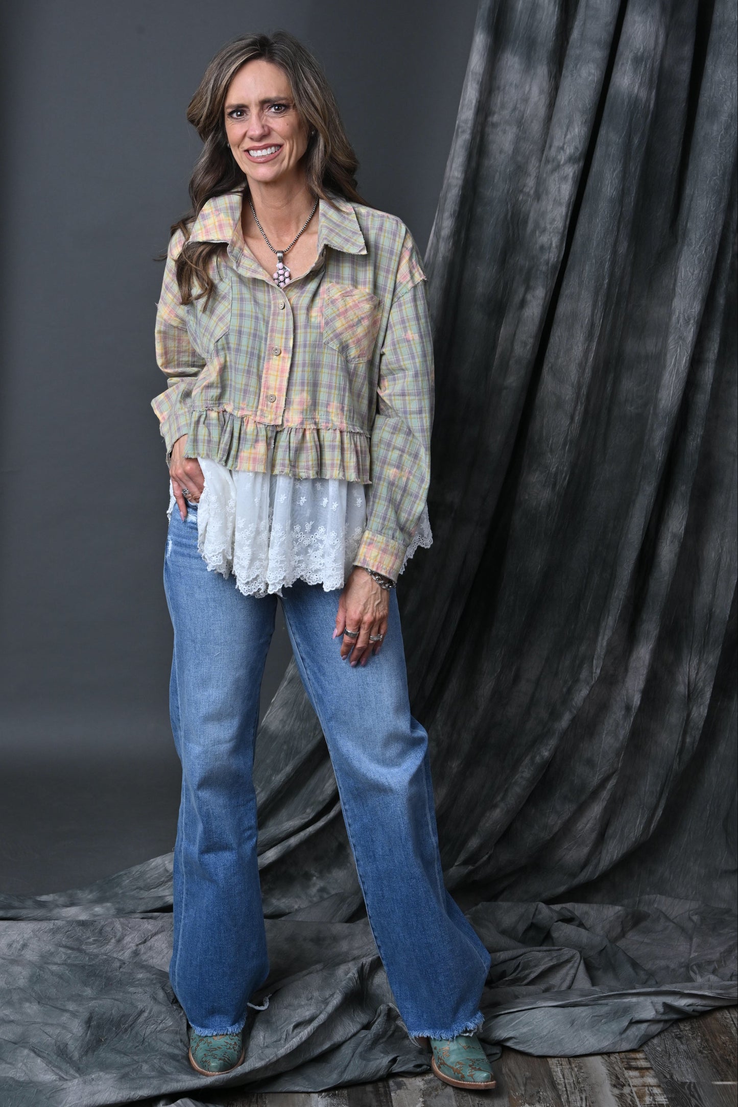 BU Collared Neck Plaid Top