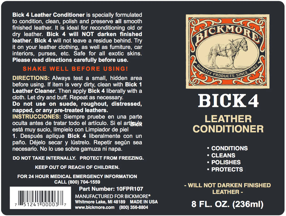 Bick 4 Leather Conditioner label with product details and instructions.
