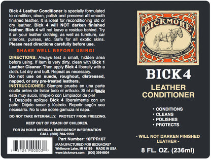 Bick 4 Leather Conditioner label with product details and instructions.