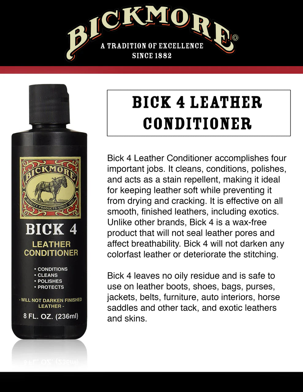 Bickmore Bick 4 Leather Conditioner bottle with product description on a black background