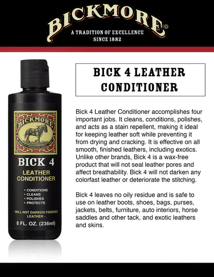 Bickmore Bick 4 Leather Conditioner bottle with product description on a black background
