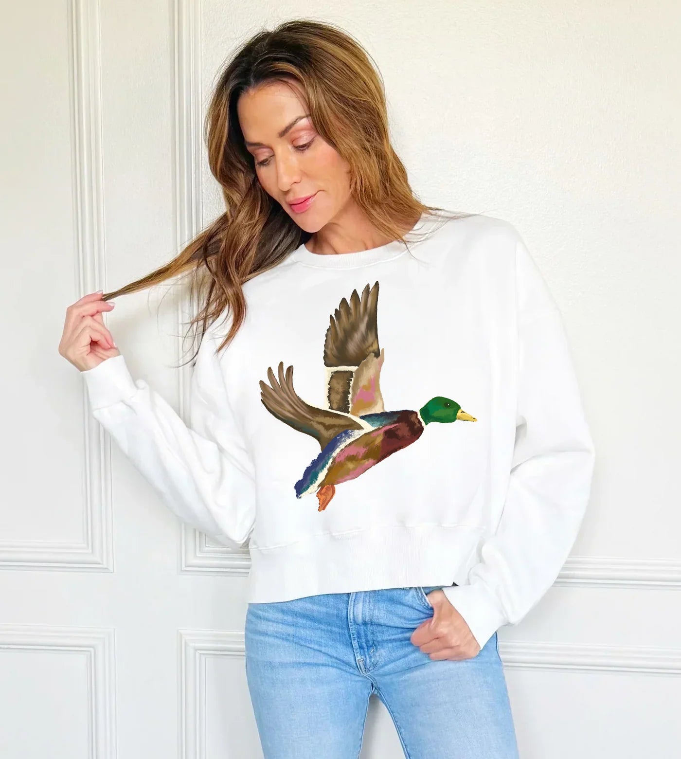 Poppy & Pine Flying Mallard Crop Sweatshirt – Ivory Women's Graphic Pullover