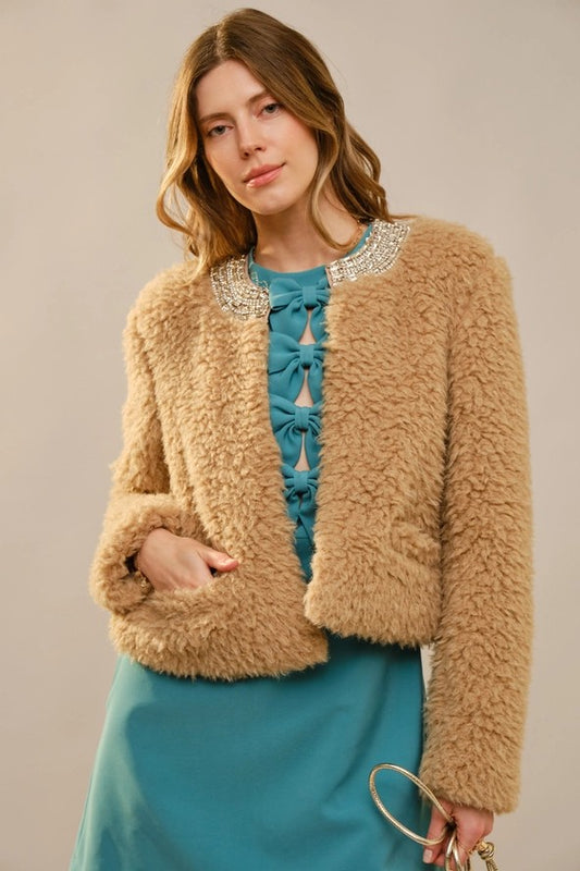 Jewel Embellishment Faux Fur Jacket