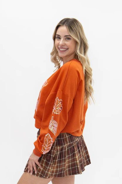 Grace & Emma Sequin “Hello Fall” Orange Top