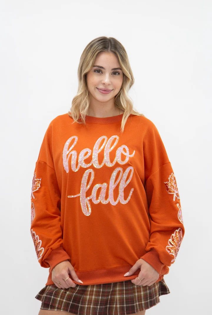 Grace & Emma Sequin “Hello Fall” Orange Top