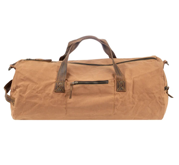 Brown duffel bag with leather handles on a white background