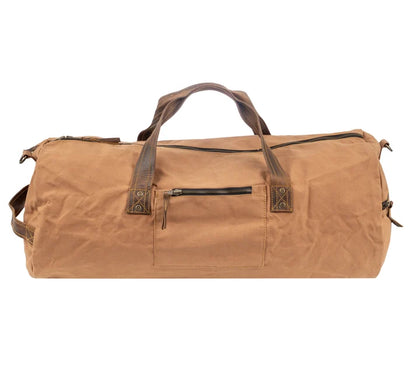 Brown duffel bag with leather handles on a white background
