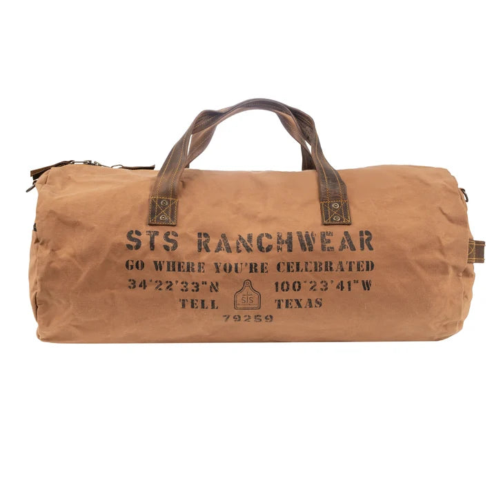 Brown duffel bag with 'STS Ranchwear' branding on a white background