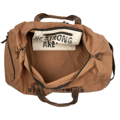 Brown duffel bag with visible text on a white background